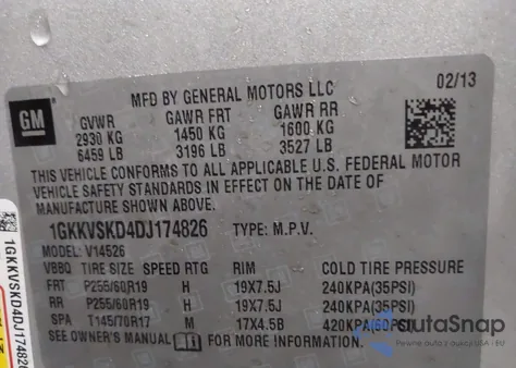 2013 GMC Acadia Slt-2 z USA, uszkodzony, nr VIN 1GKKVSKD4DJ174826